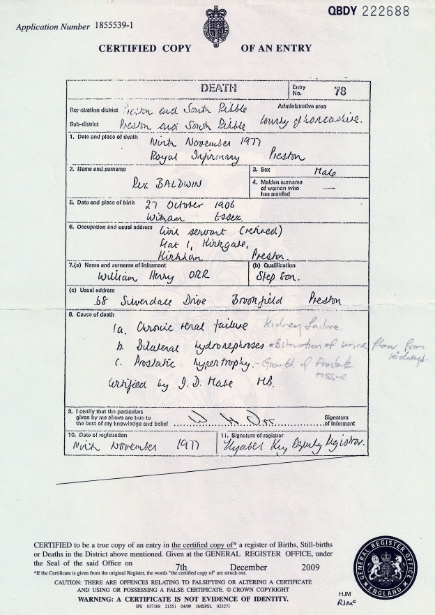 Rex's Death certificate showing he died at The Royal Infirmary in Preston. Lancashire.