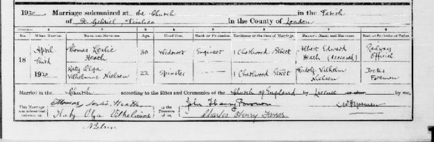 Marriage between Thomas Leslie Heath & Katy Olga Vilhelmine Nielsen, on 4th April 1920 at St Gabriel's in Pimlico, 1 month after his release from Wandsworth Prison. 